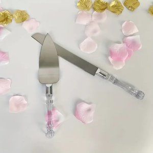 2 Pc Cake & Knife Crystal Handle Server Set
